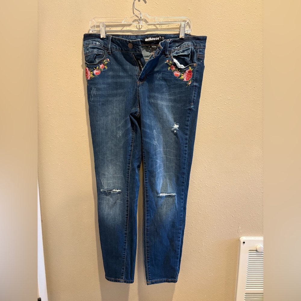 Dollhouse Dark Blue Jeans with Floral Embroidery
